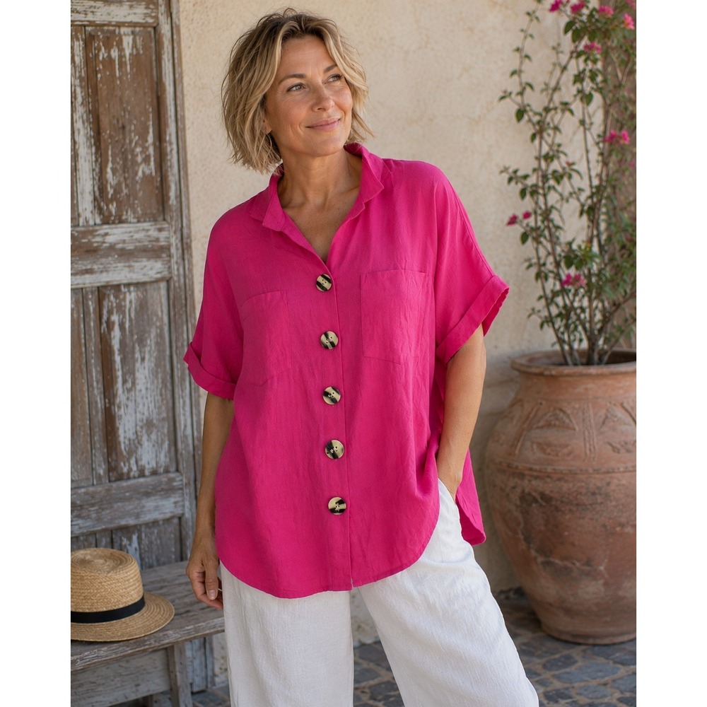 John Mark Medium Hot Pink Zebra Buttons Blouse Top Tunic Long Sleeve Boho Collar